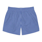Blue Gingham Swim Trunks — Classic Plaid All-Over Print with Subtle Crest