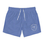 Blue Gingham Swim Trunks — Classic Plaid All-Over Print with Subtle Crest
