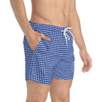 Blue Gingham Swim Trunks — Classic Plaid All-Over Print with Subtle Crest