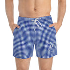 Blue Gingham Swim Trunks — Classic Plaid All-Over Print with Subtle Crest
